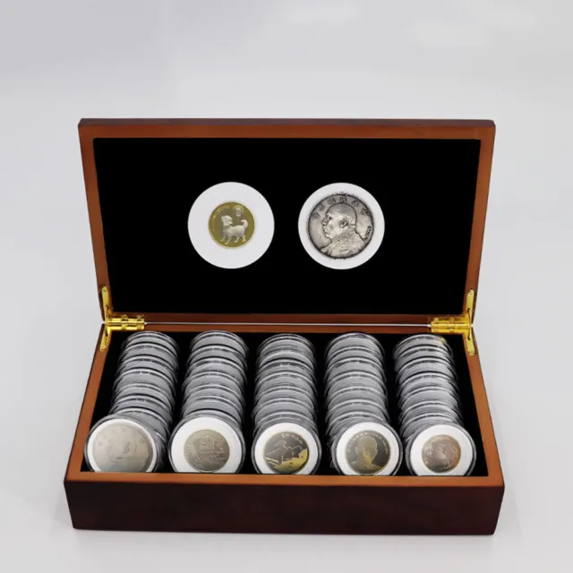 50X 46MM Clear Coin Capsules Storage Boxes W/ Wooden Case Collection Display