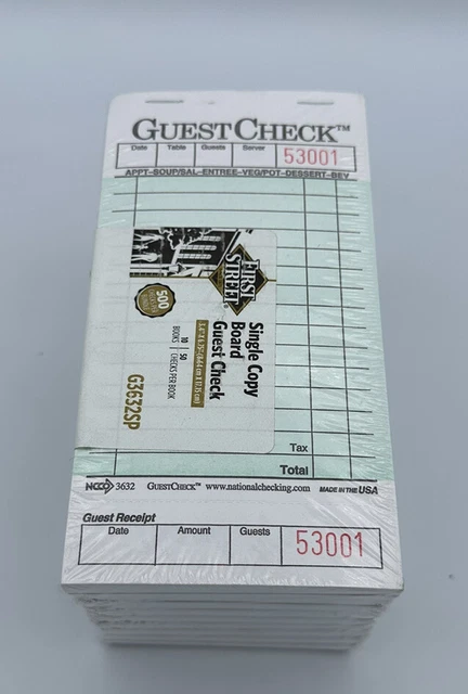 Guest Checks Single Board 500 Sheets 10 Books) 3.5" x 6....