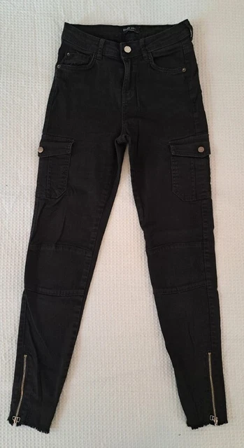 BERSHKA Pantaloni jeans neri cargo tasche donna ragazza tg. EUR 34 (IT 38)