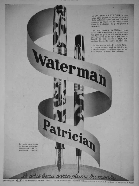 PUBLICITÉ DE PRESSE 1930 Stylo Plume WATERMAN Patrician EUR 2,00 - FR