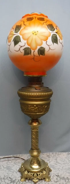 Vtg Ant Parlor GWTW Banquet Table Lamp Orange Round Floral Globe Cherubs Font