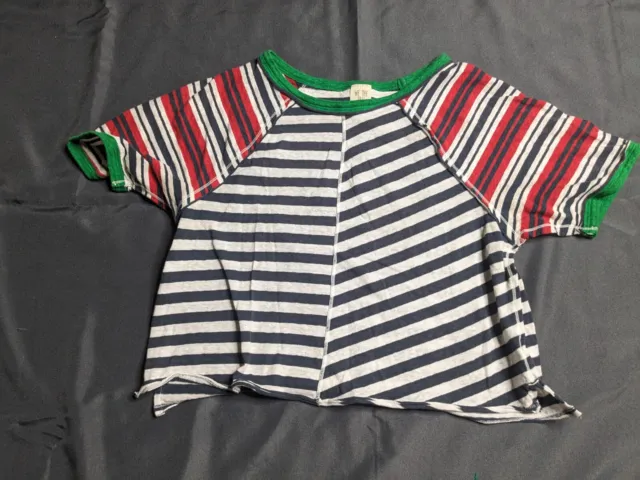 Free People Shirt Women's Small Preppy Striped Crop  Tee Blue Green Red Combo