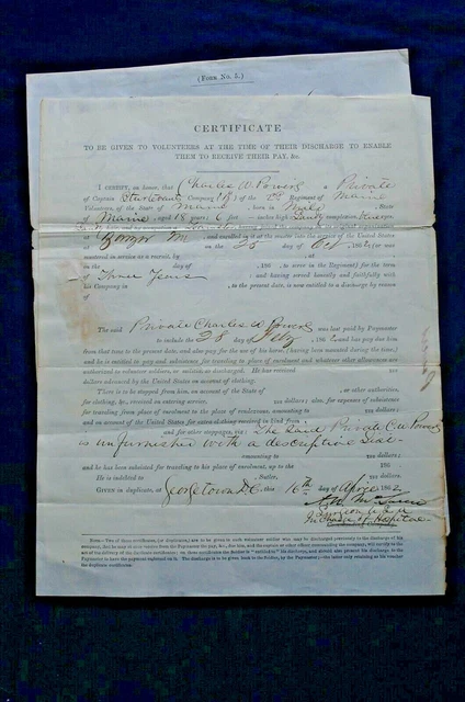 Discharge and Pay Voucher for Pvt. Charles W. Powers, April 16, 1862 Discharge and Pay Voucher for Pvt. Charles W. Powers, April 16, 1862