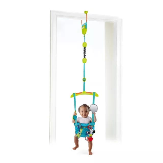 Bright Starts Bounce 'N Spring Deluxe Door Jumper w Take-Along Toys - Blue - NOB