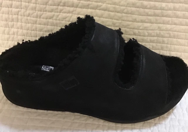 FITFLOP NIB SHUV TWO BAR STRAPS SUEDE SHEARLING LINED SLIDES ALL BLACK Size 8