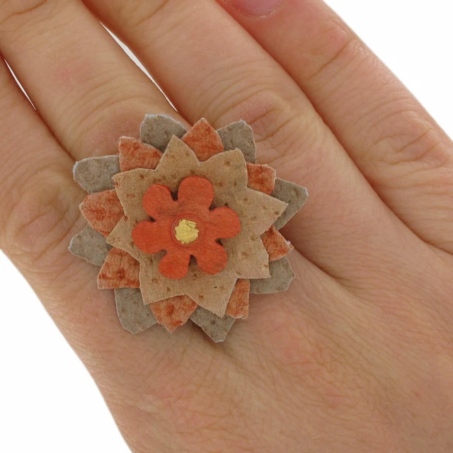 Statement Large Chunky Stretch Huge Flower Orange Brown Natural Stretch Ring