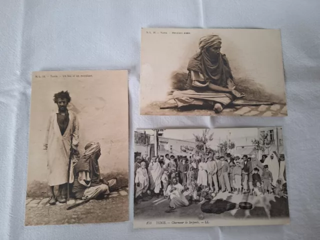 Tunisie, Lot De 3 Cartes Postales, Scenes Et Types, Mendiants,  Charmeur Serpent