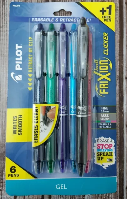 Pilot Ball Frixion Clicker Erasable Retractable Gel Pens 6 Pack Asst. Fine NEW