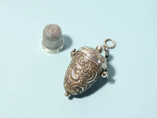 Antique Silver ACORN Shaped THIMBLE CASE Chatelaine Fob with 1925 Silver Thimble