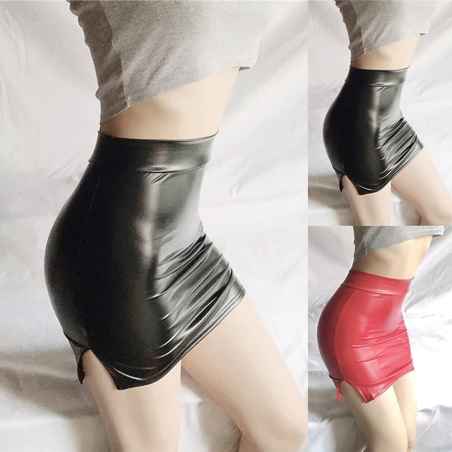 Gonna corta donna rosso PU vita alta look bagnato fessura stretta elastica