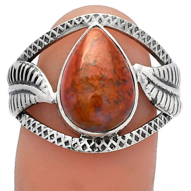 Leaf - Natural Red Moss Agate 925 Sterling Silver Ring s.9 Jewelry R-1360