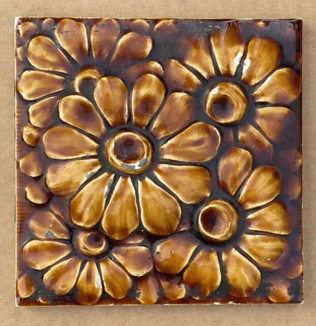 Antique American Encaustic Tile Daisy Floral Motif 6" Majolica Brown Color AS IS