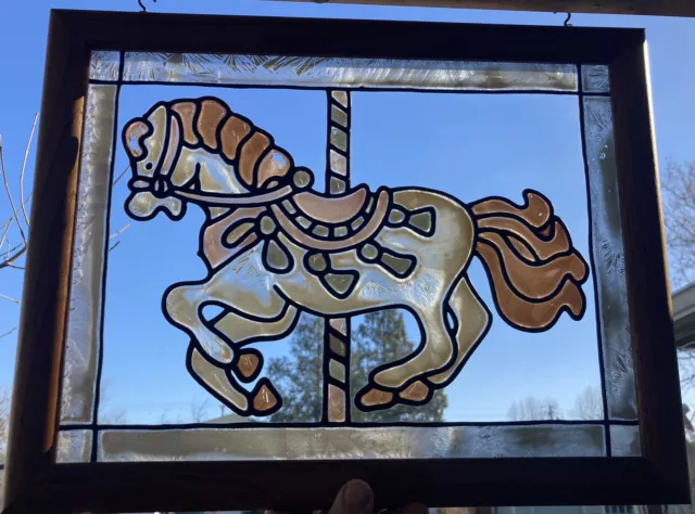 RARE Vintage Stained Glass Window Hanging Wood Framed Suncatcher Carousel Horse