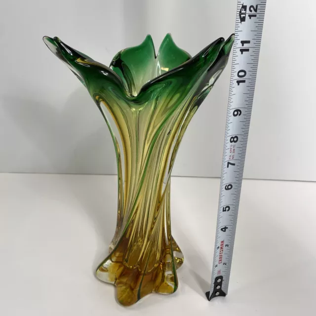 Vintage Murano Art Glass Hand Blown Yellow Green Vase Twisted Beautiful! 2