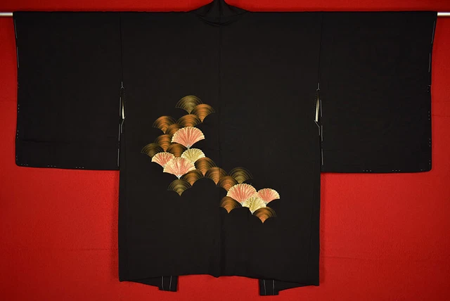 Vintage Japanese Kimono Silk Antique BORO Black HAORI Embroidery/A936/505