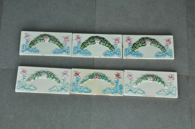 6 Pc Vintage Garland Design Majolica Art Nouveau Architecture Tiles,Japan