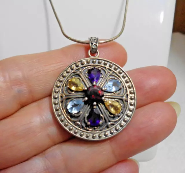 Vintage Large Round Sterling Silver Multi-Gemstone Pendant w/17" Chain 12.3 gm