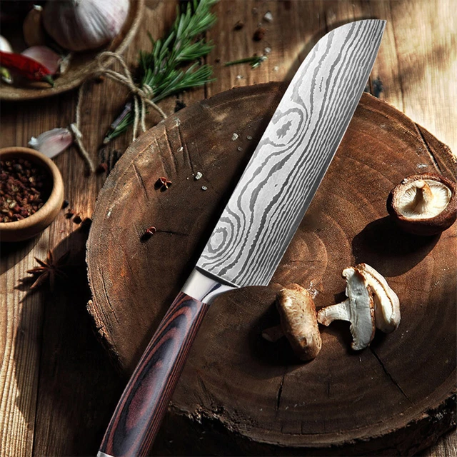 7 Zoll Santoku Messer Küchenmesser Carbonstahl Damaskus Stil Holzgriff mit Box