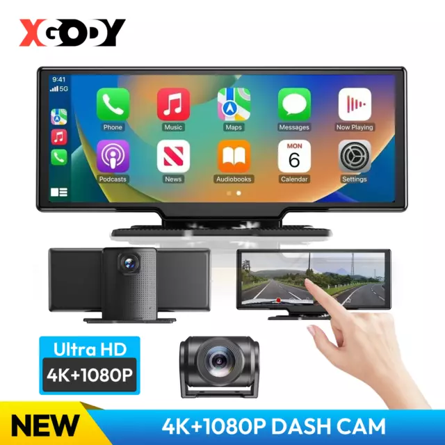 XGODY 4.0K 10.26" Touch Dash Cam Wireless CarPlay Dual Car Recorder Android Auto