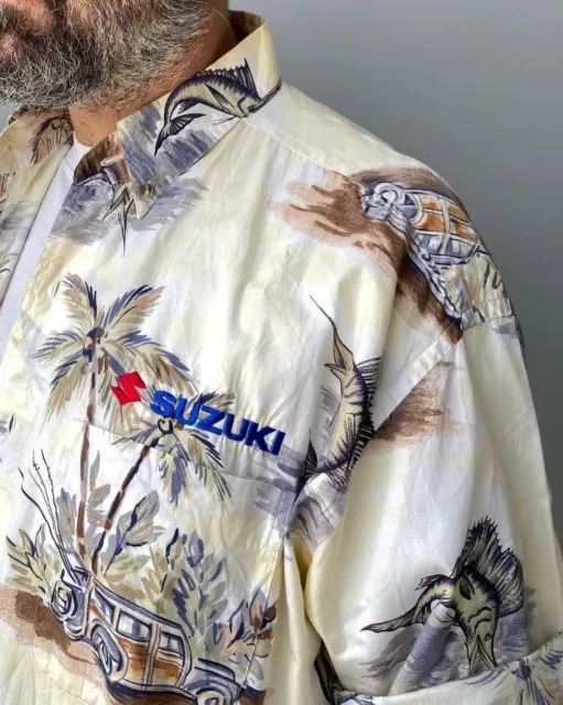 Camicia hawaiana Suzuki uomo donna vintage manica corta taglia XL  Cotone Bianca