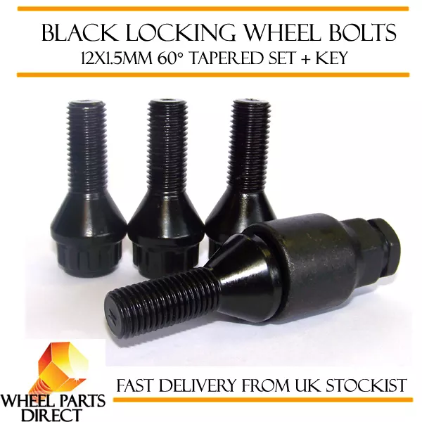 Black Locking Wheel Bolts 12x1.5 Nuts for Fiat Punto Evo 08-12