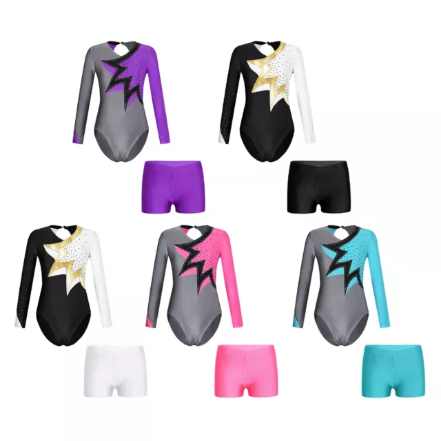 Kids Girls Leotard With Shorts Shiny Dancewear Set Bodysuit Keyhole Back Stage