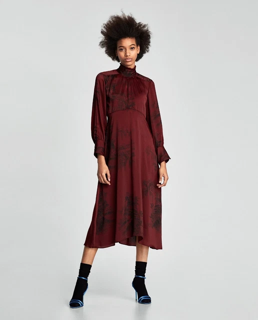 ZARA NEW PRINTED Midi Dress Maroon High Neck Black Vintage Blogger Size  Xs-Xxl 36.99 - PicClick UK