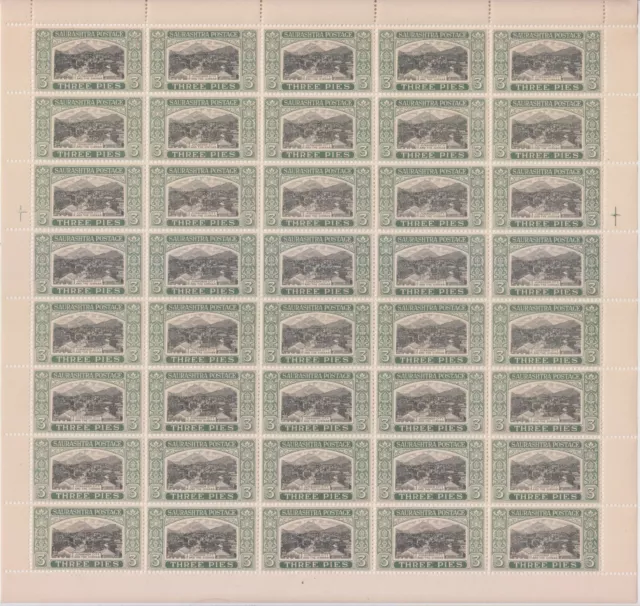 India Soruth State 1929, 3P Sg49 Mnh Complete Sheet Of 40 Stamps.