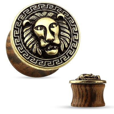 Pair - Gold-Tone Ip Lion & Maze Ear Piercing Plugs Organic Wood Gauges (0G-5/8")