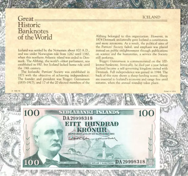 Great Historic Banknotes Iceland 1961 100 Kronur P-44a.7 UNC Lucky DA 29998318