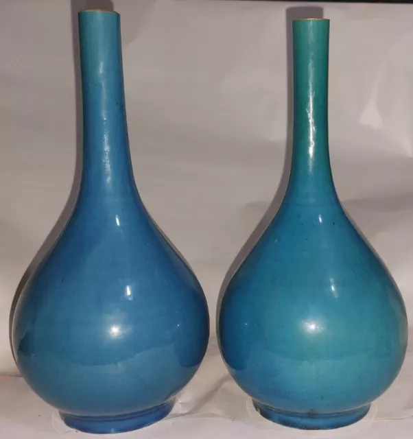 Chinese Antique Porcelain Vases With Turquoise 'peacock' Fine Crackle Glaze QING