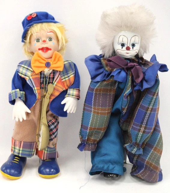 2X VINTAGE SMALL Porcelain Clown Dolls 1 has a Musical Dancing