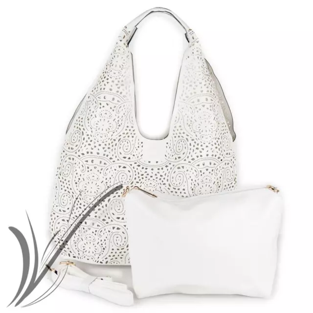 Borsa bianca traforata da donna shopping bag moda grande con tracolla borsello