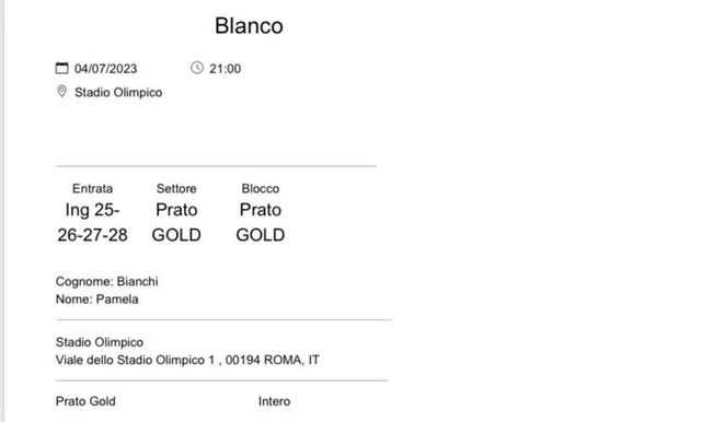 Biglietto PRATO GOLD BLANCO STADIO OLIMPICO ROMA 04/07/2023