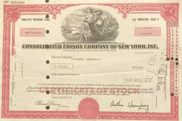 09/29/77 - CONSOLIDATED EDISON COMPANY OF NEW YORK, INC. Stock Certificate