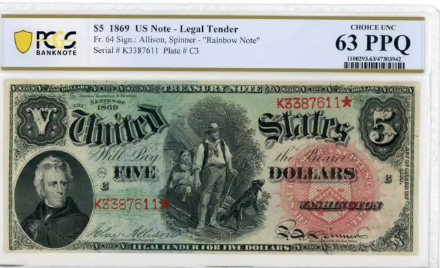 NobleSpirit No Reserve Fr 64 1869 $5 "Rainbow Note" Legal Tender PCGS MS63 PPQ