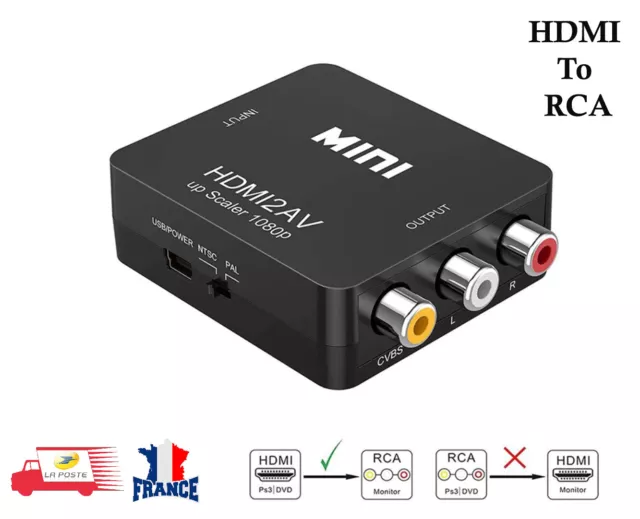 HDMI à RCA Full HD Vidéo 1080P AV Convertisseur Adaptateur + câble USB NTSC  PAL