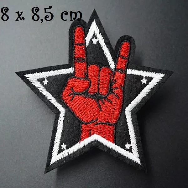 ÉCUSSON PATCH THERMOCOLLANT, ÉTOILE MAIN ROCK, noir rouge blanc, 8 x 8,5 cm