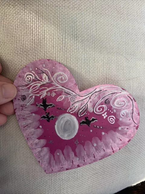 Bats In The Moon Painting On Wooden Heart, Moody Virgo Arts Deana Original