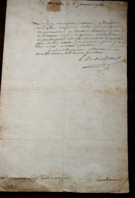 1768  LETTRE DE SERVICE REGIMENT GRENADIER A CHEVAL par duc de choiseul