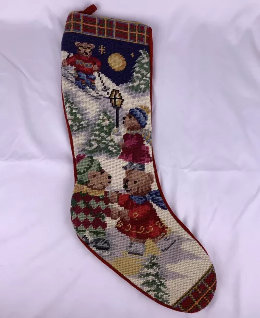 Christmas Stocking Teddy Bear Wool Needlepoint Velvet Backing Skiing Skating VTG