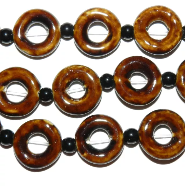 CPC229 Dark Brown Glazed Ceramic 18mm Flat Puffed Round Open Donut Beads 7"