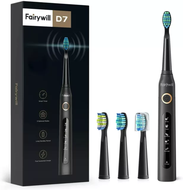 Sonic Vibration Electric Toothbrush Clean Massage Fairywill 4 Heads USB IPX7