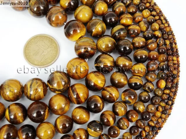 Cuentas redondas de piedras preciosas ojos de tigre naturales 15"" 4 mm 6 mm 8 mm 10 mm 12 mm 14 mm 16 mm 3