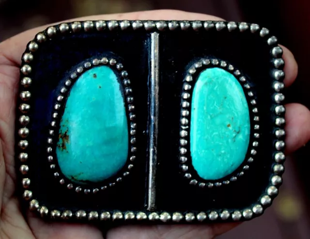 Large Old Pawn Navajo Sterling Silver & 2 Turquoise Stones Belt Buckle