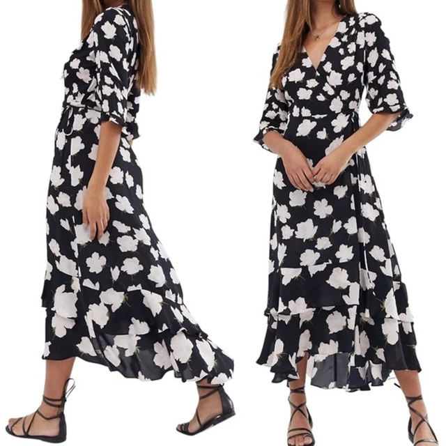 ALLSAINTS DELANA CARO Black White Floral Midi Wrap Dress Women s Size Medium 150.00 PicClick