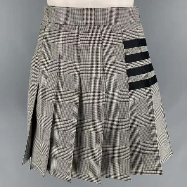 THOM BROWNE Size 2 Black White Wool Glen plaid Pleated Above Knee Skirt