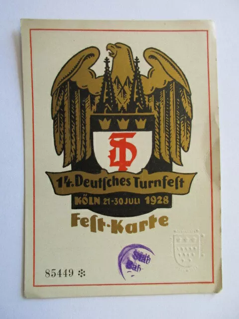 Festkarte 14. Deutsches Turnfest Köln 1928 Verein ATV Leipzig