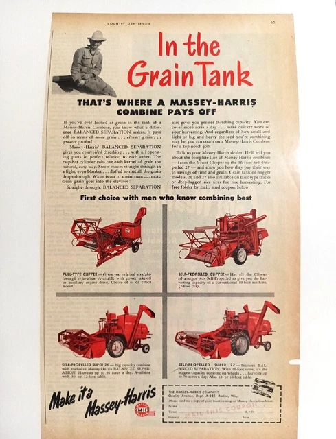 Vintage Massey-Harris Tractor Advertisement "In the Grain Tank" M-H Combines
