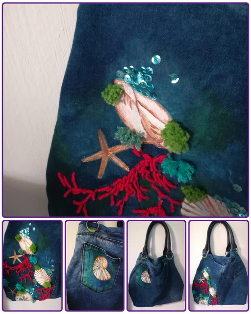 BORSA IN JEANS con fondale Marino ricamato e dipinto a mano EUR 10